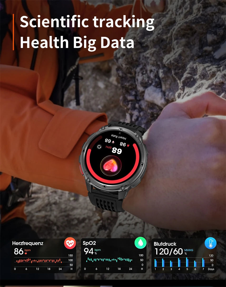 Outdoor Bluetooth Anruf-Smartwatch mit Kompass & Taschenlampenfunktion