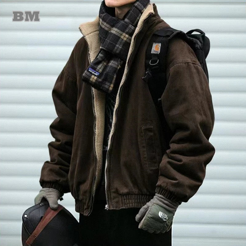 Japanese Vintage Polar Fleece Jacket Men Winter High Quality Thick Jacket Korean Streetwear Loose Couple Trendy Warm Coat Male 