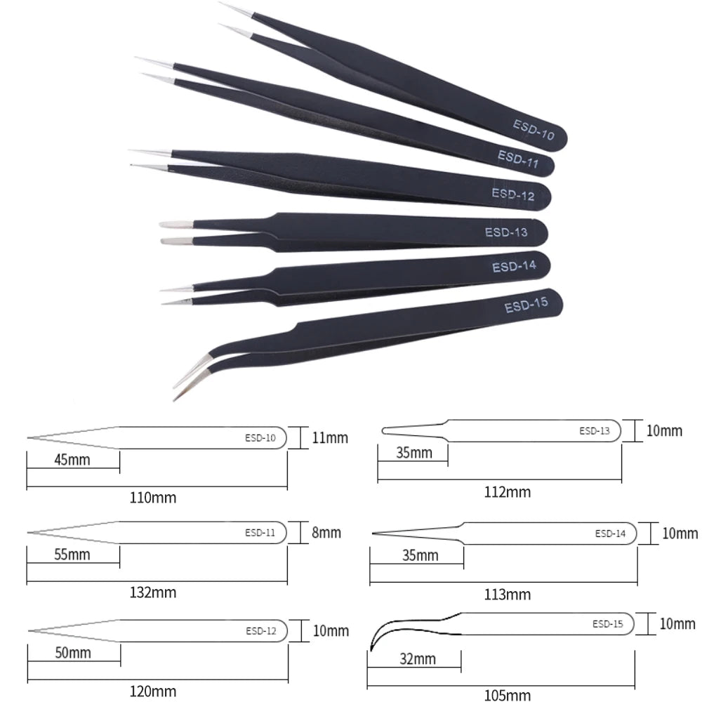 Six-Piece Precision ESD Tweezers Set