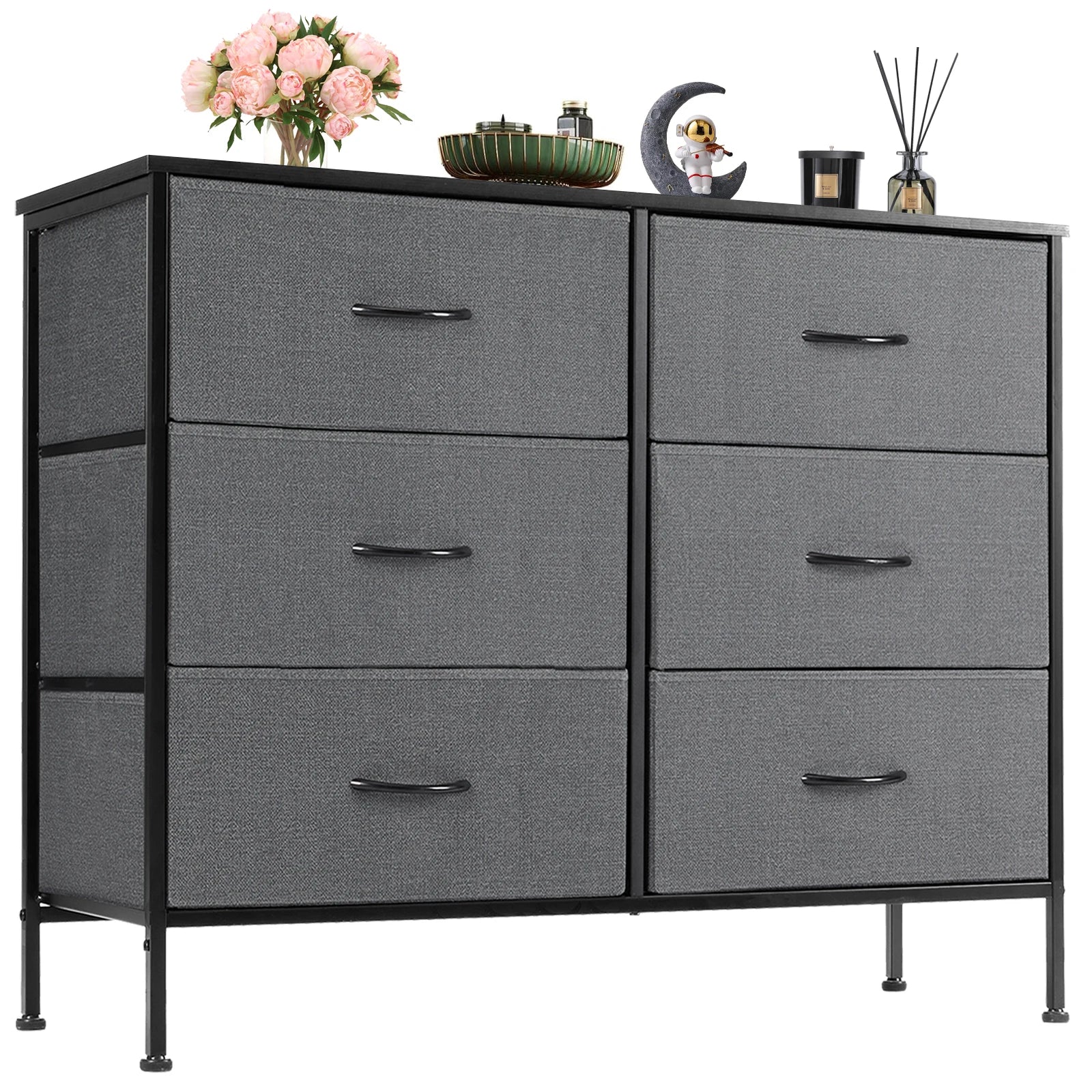 6-Drawer Fabric Dresser with Wooden Top and Metal Frame