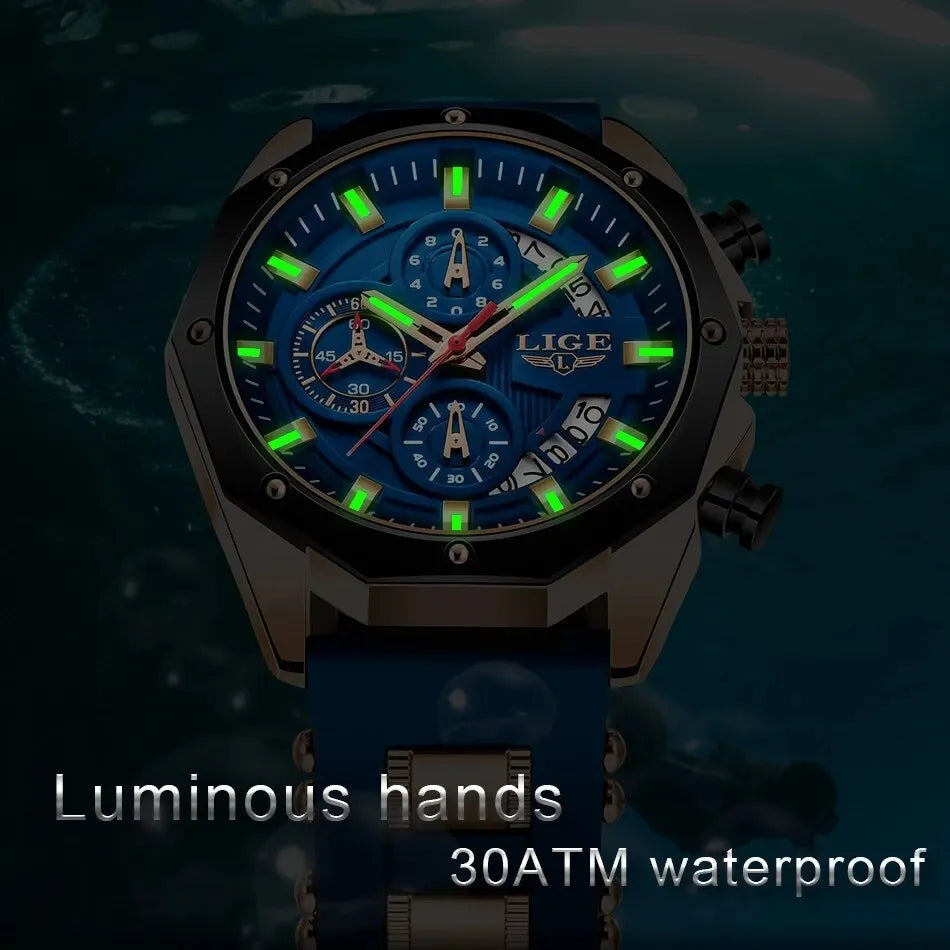 LIGE Fashion Men Watches Top Brand Luxury Silicone Sport Watch Men Quartz Date Clock Waterproof Wristwatch Chronograph Clock Man 