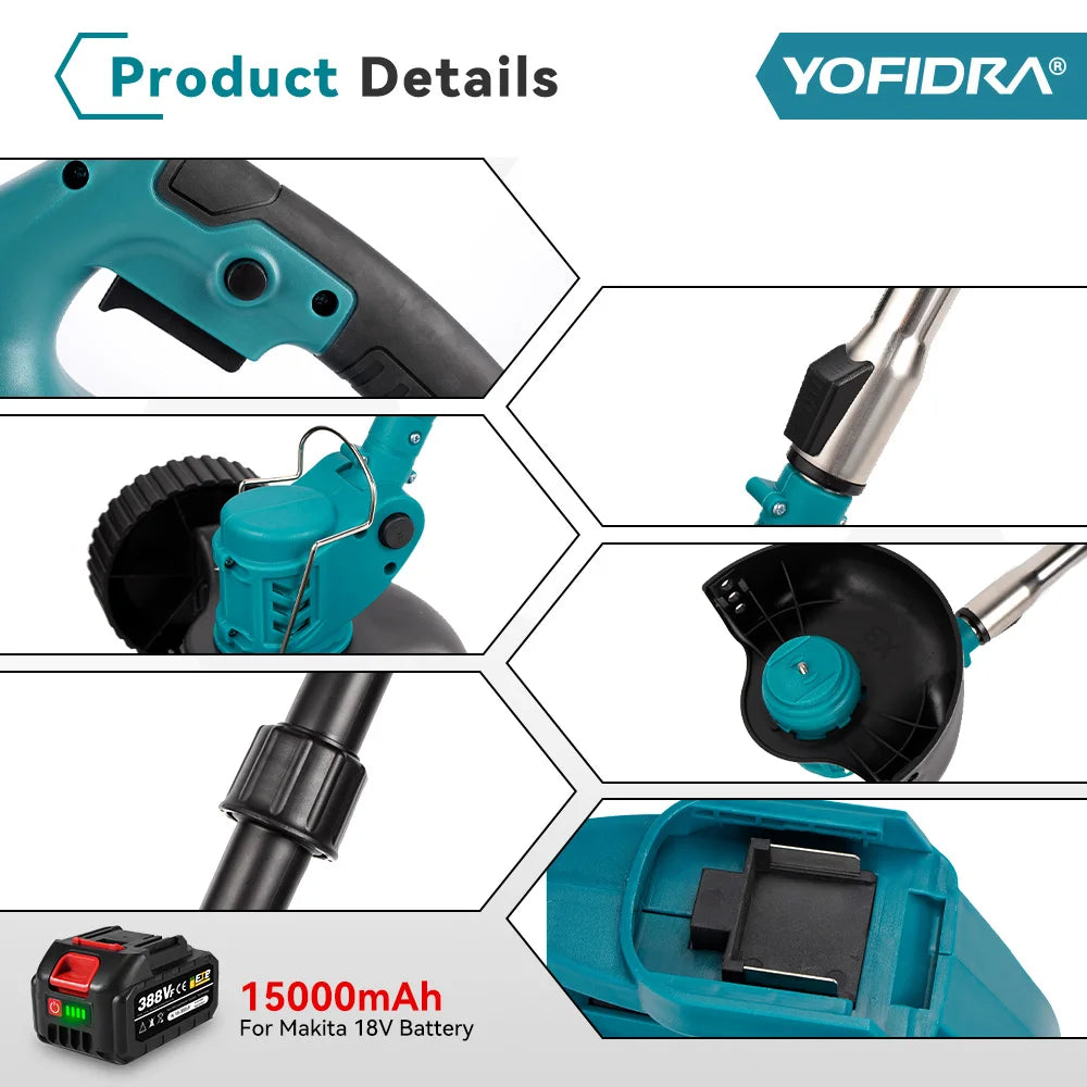 YOFIDRA 100-135cm Electric Lawn Mower 1500W Cordless Foldable Trimmer Pruning Cutting Garden Power Tool For Makita Battery Pin