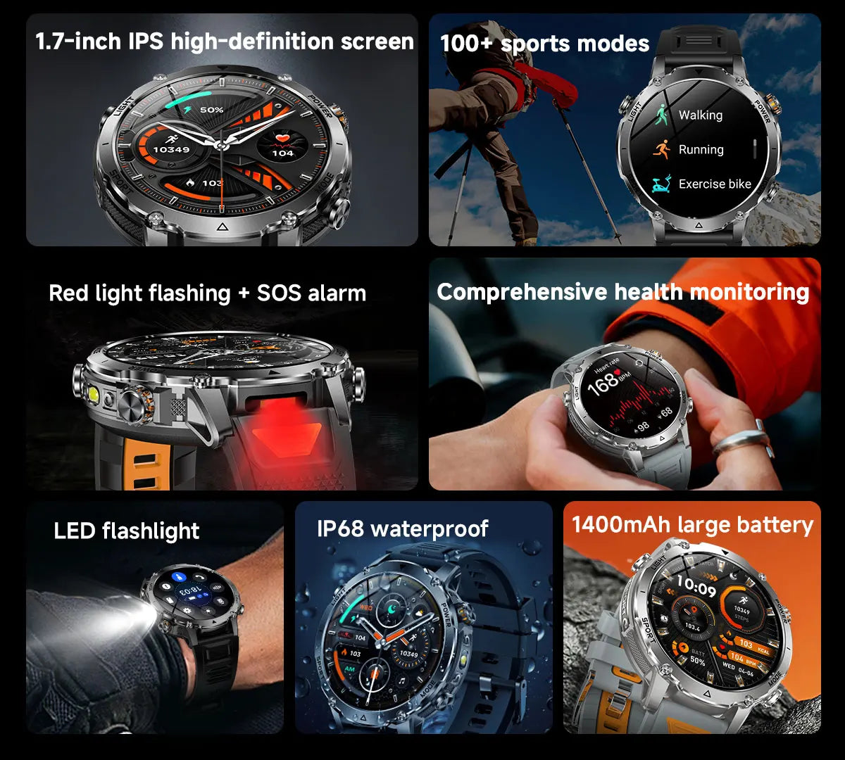 Outdoor Bluetooth Anruf-Smartwatch mit LED-Taschenlampe