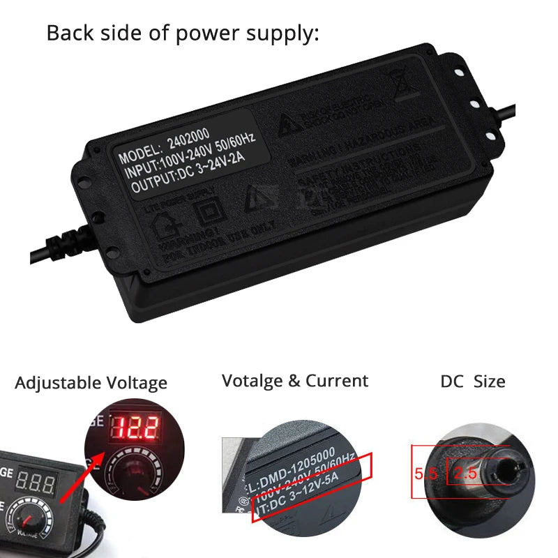 Adjustable DC Power Adapter, 3-12V or 3-24V