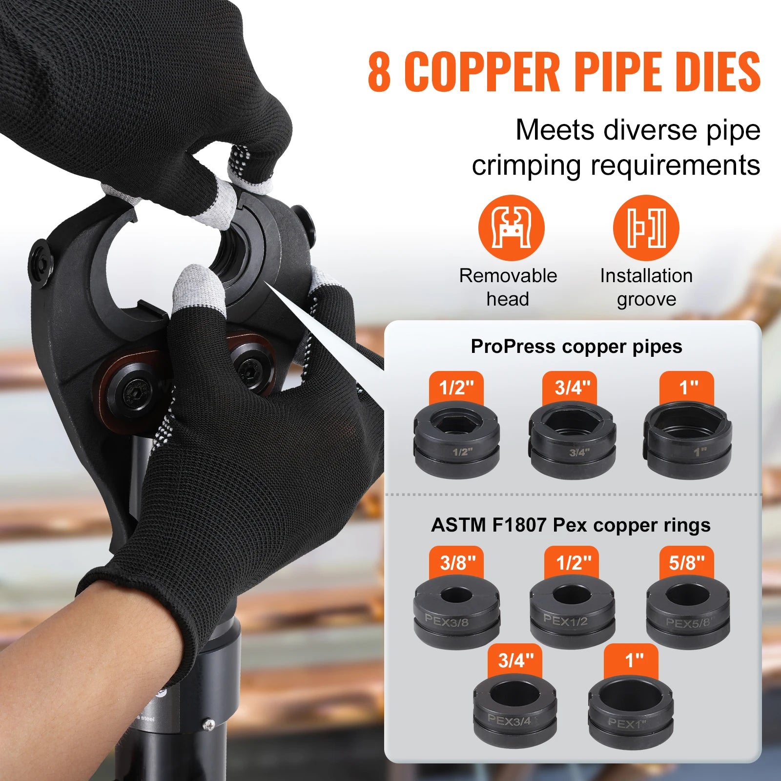Hydraulic Copper Pipe Crimping Tool with 8 Dies for PEX Rings