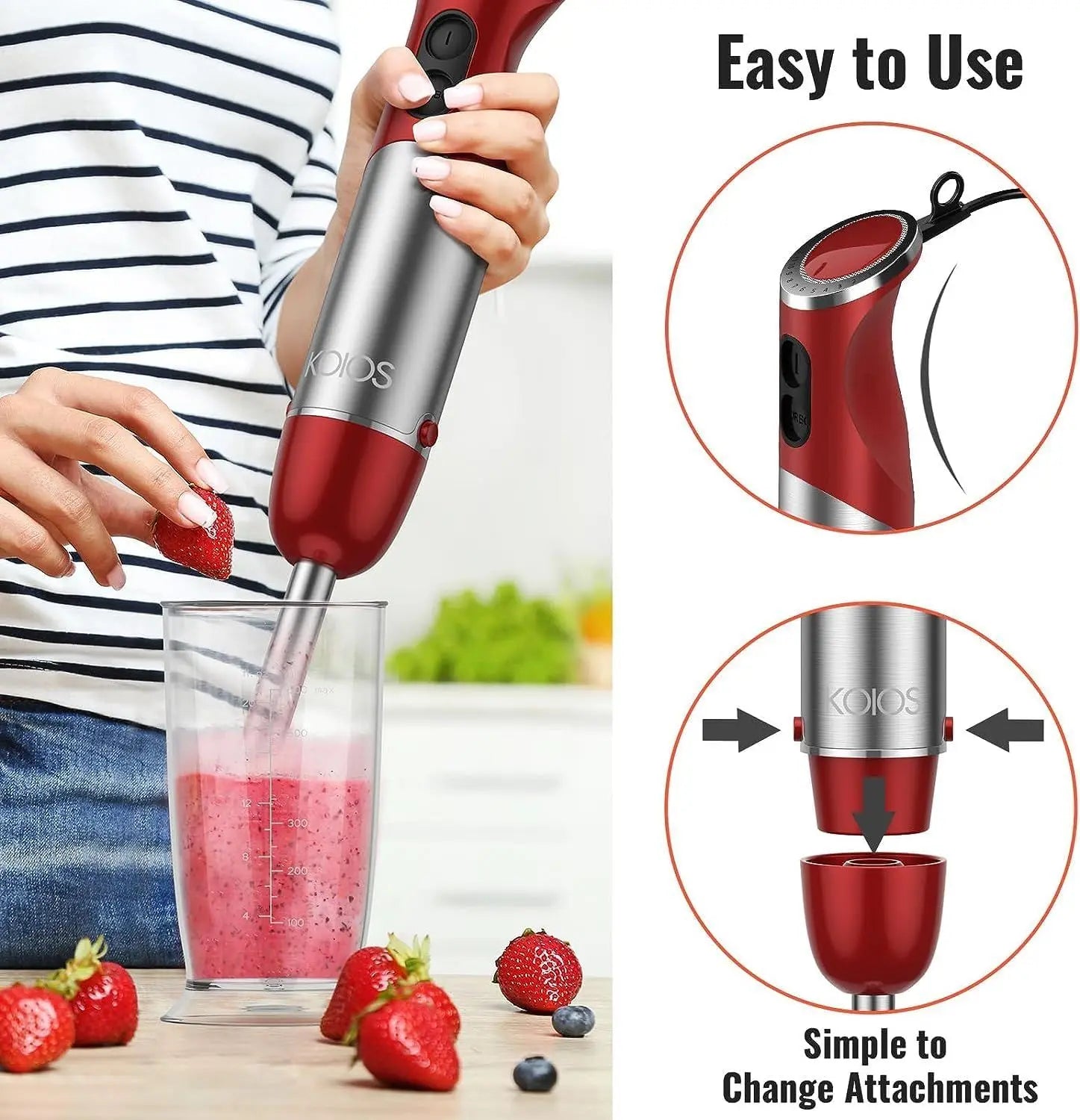 5-in-1 Hand Immersion Blender, 1000W 12 Speed Handheld Blender, Copper Motor Stainless Steel Blade Stick Blender,600ml Mixing Beaker,500ml Food Processor, Whisk, Milk Frother, BPA-Free, Red