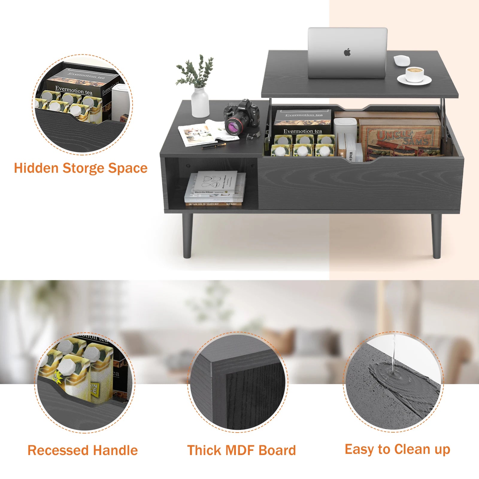 Couchtisch mit Hebefunktion und Ablagefach 39,37" Moderner Holztisch