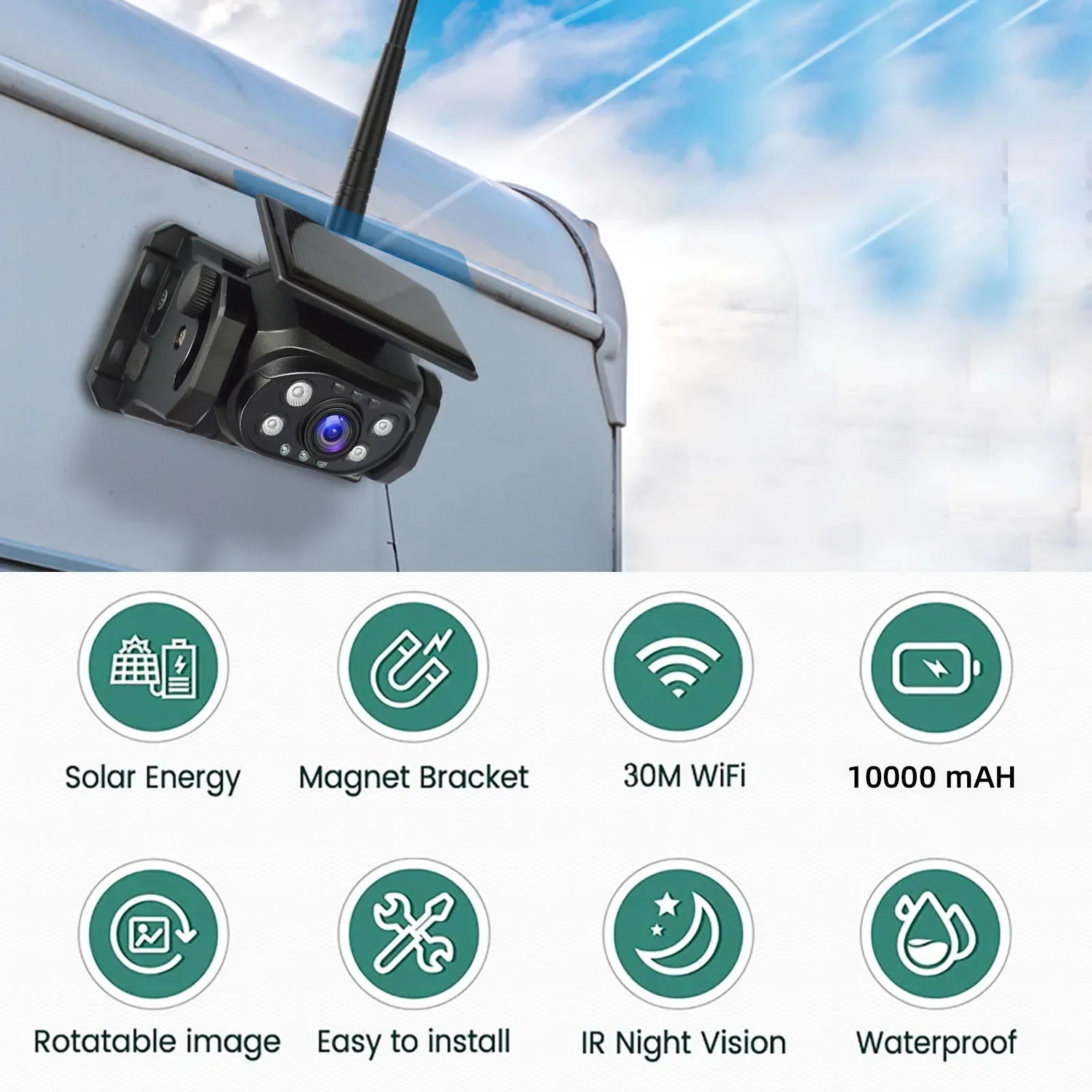 Wireless WiFi Solar Power  Magnetic Reverse Backup Camera Mobile Phone iPhone Android With Built-In Battery for Truck Camper 