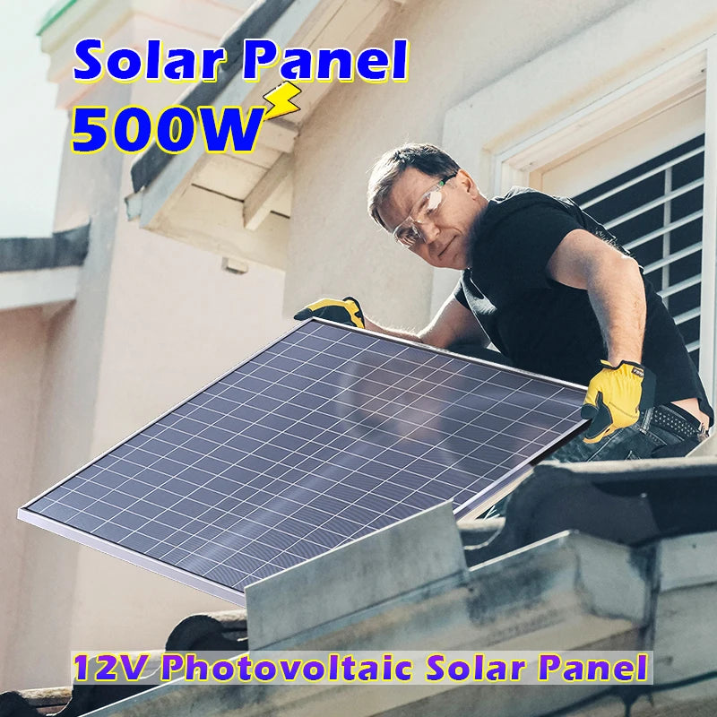 500W Rigid Monocrystalline Solar Panel with Aluminum Frame 12V Battery Charger for RV Camping Boat Home Off Grid Power USB