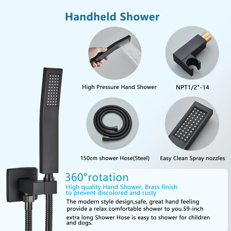 Matte Black Rainfall Shower Faucets Set Rain Waterfall Concealed Shower System Embed Box Bathroom Shower Mixer Shower Combo Set