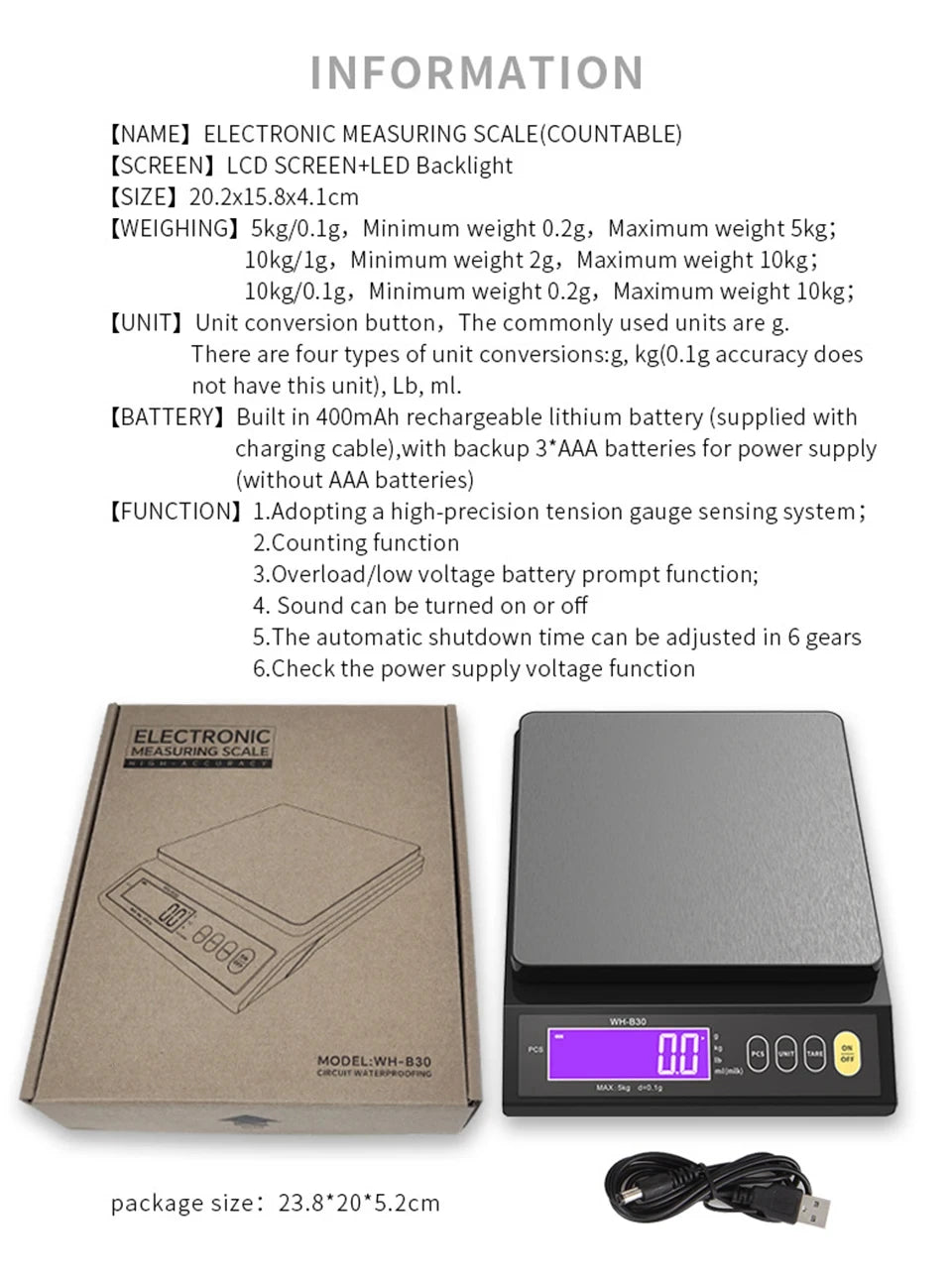 USB-Rechargeable Digital Kitchen Scale - Capacity Options