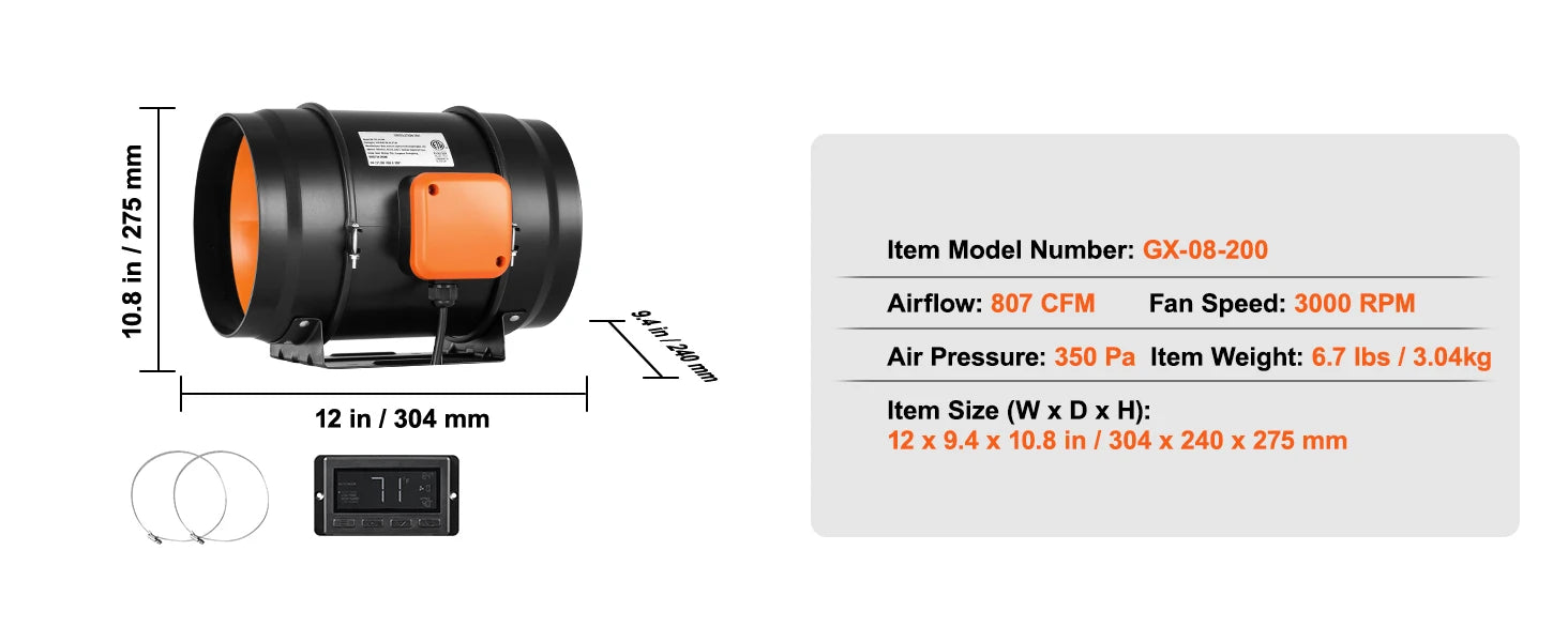 Inline Duct Fan with Temperature Humidity Controller