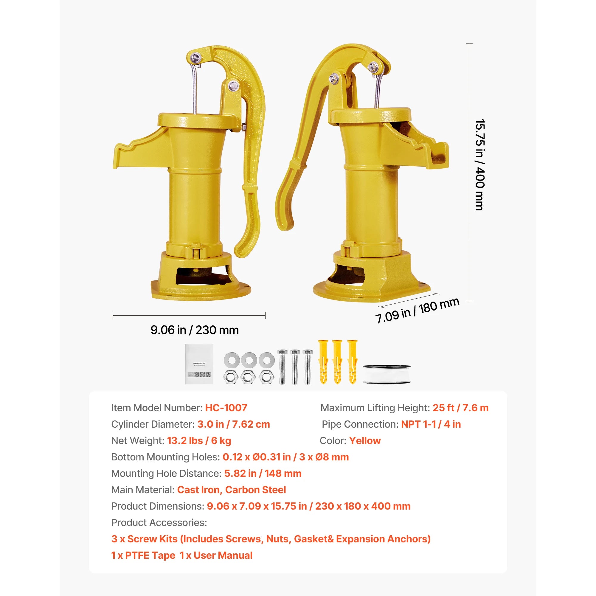 SucceBuy Handpump för kanna 25 ft maximal lyfthöjd gjutjärn NPT 1-1/4 in anslutning för trädgårdsdamm gård röd/svart/gul/grön