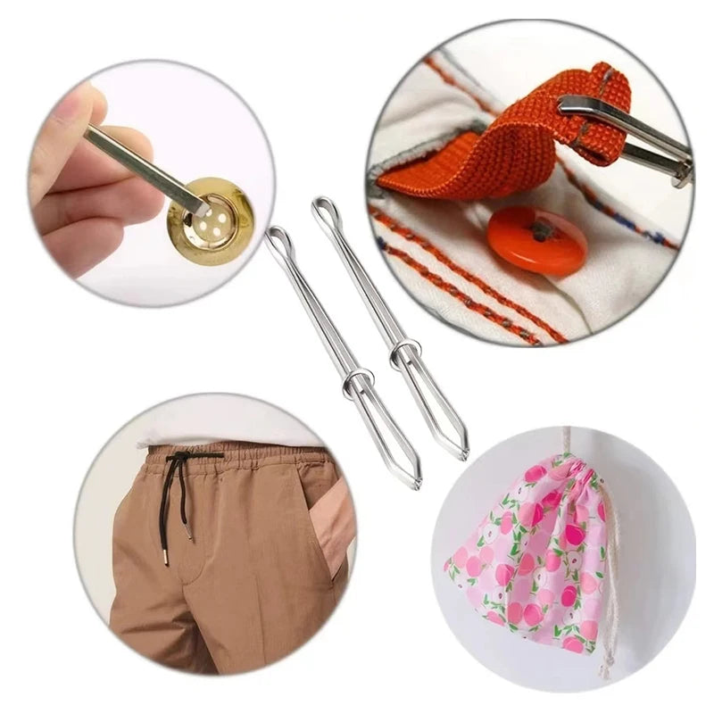 2pcs Stainless Steel Garment Clips Sewing DIY Tools Elastic Band Tape Punch Cross Stitch Threader Wear  Rope Elastic Clamp 
