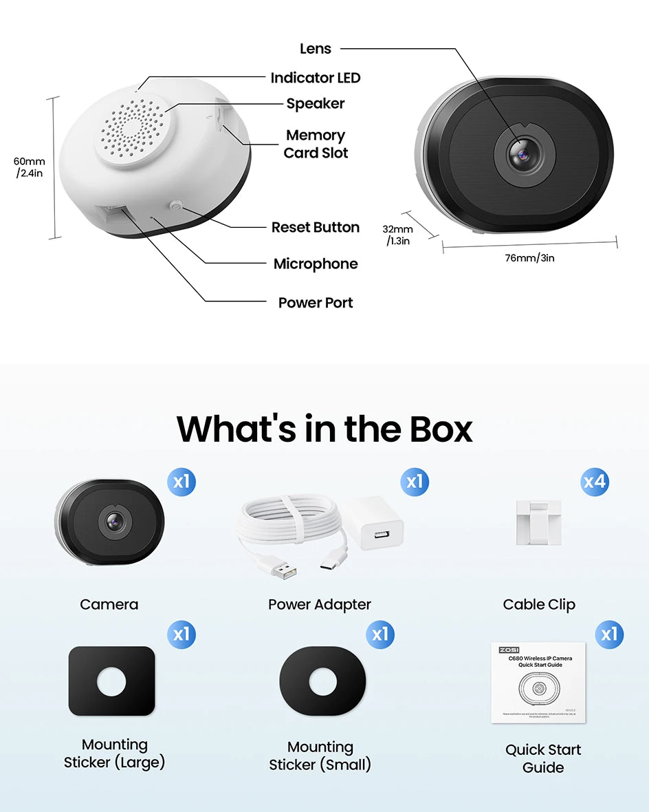 ZOSI C680 2K Window Security Camera with Full-Color Night Vision