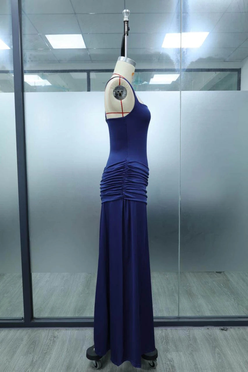 Women’s Elegant Ruched Backless Maxi Dress with Square Neck
