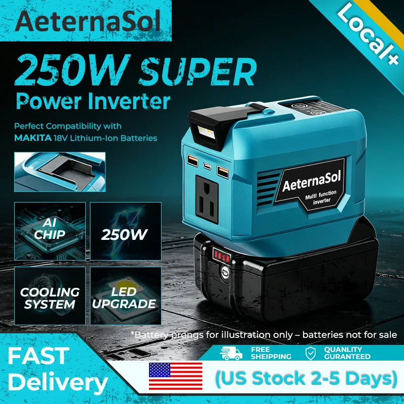 Инвертор с мощност 250W за 18V/20V батерия с 110V променлив ток, USB-C, USB и LED светлина