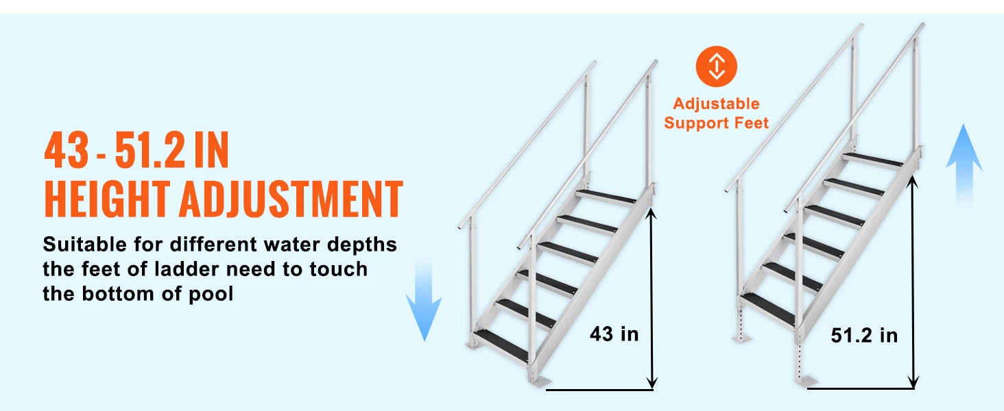 SucceBuy 4/6 Step Dual Handrails Dock Ladder Aluminum with Rubber Mat 30"-39" Adjustable Height for Lake Marine Boarding Pool