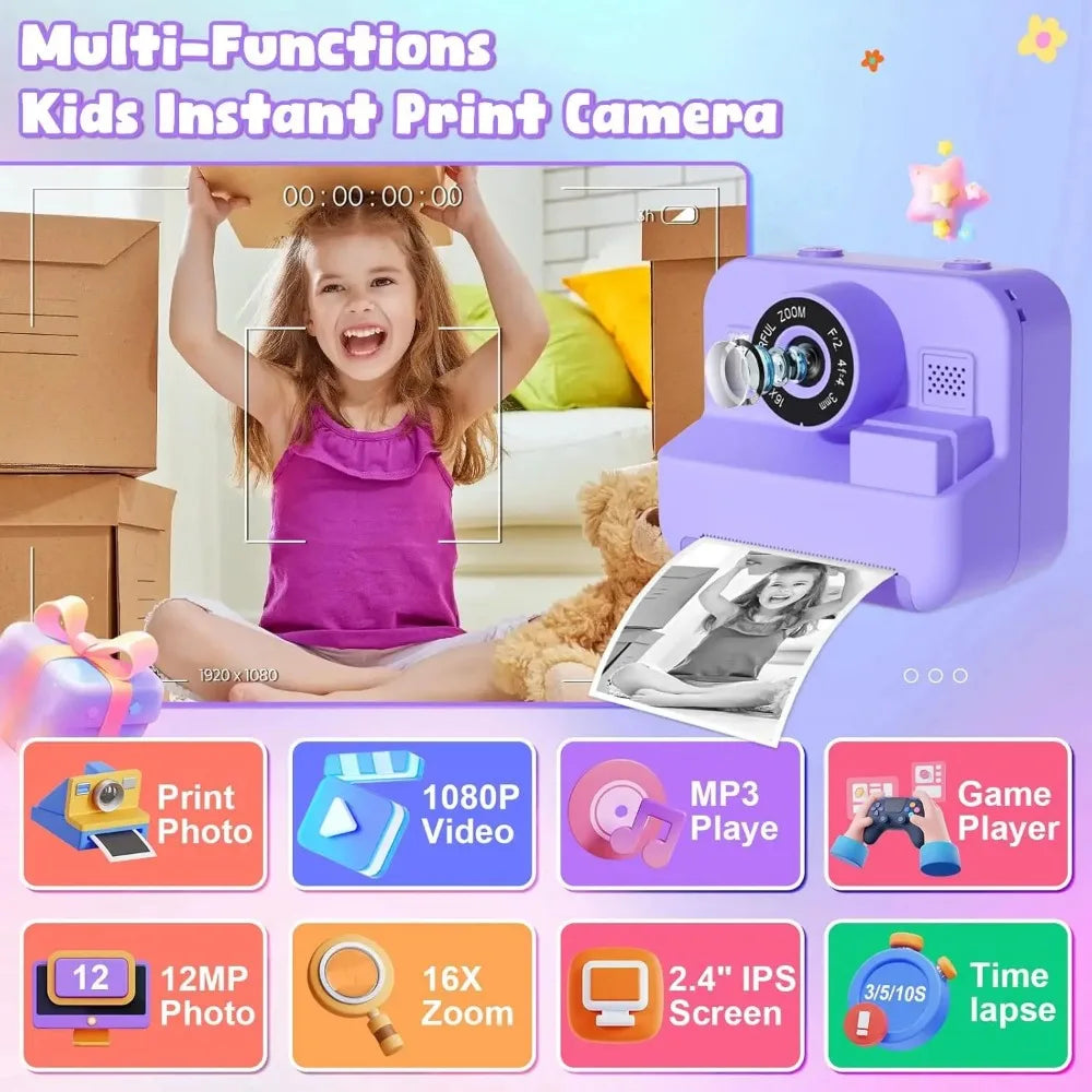 Educational Thermal Instant Print Camera with 32GB Card, 1080P Mini Digital Video Camera for Kids