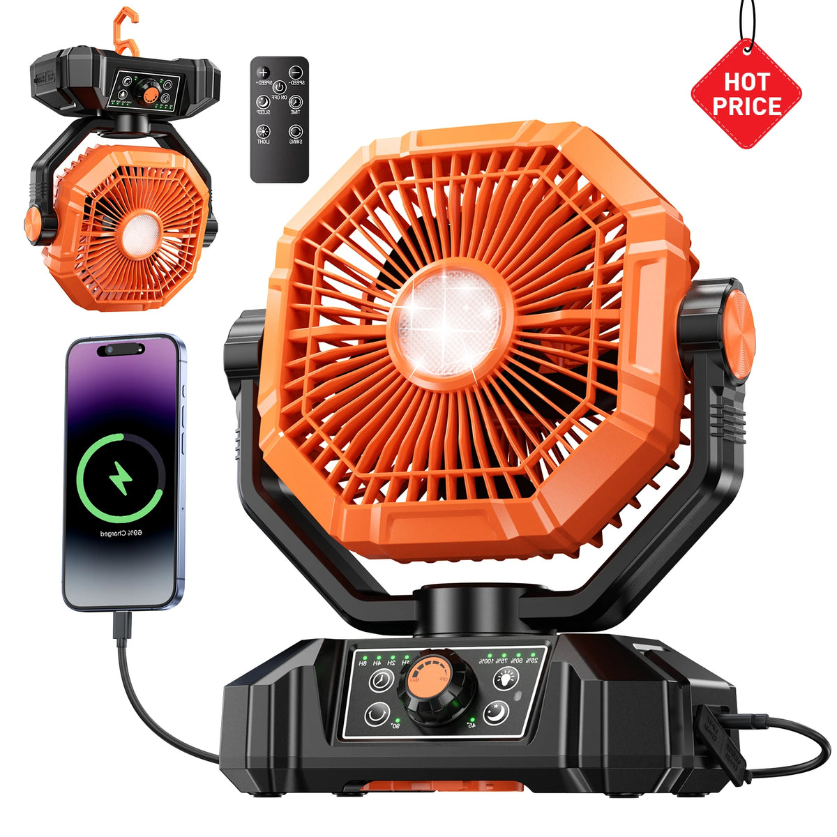 coldSky 20000mAh Camping Fan with 4 LED Lights and Remote Control 8 Speed Adjustable Rechargeable Outdoor Fan for Tent Fishing