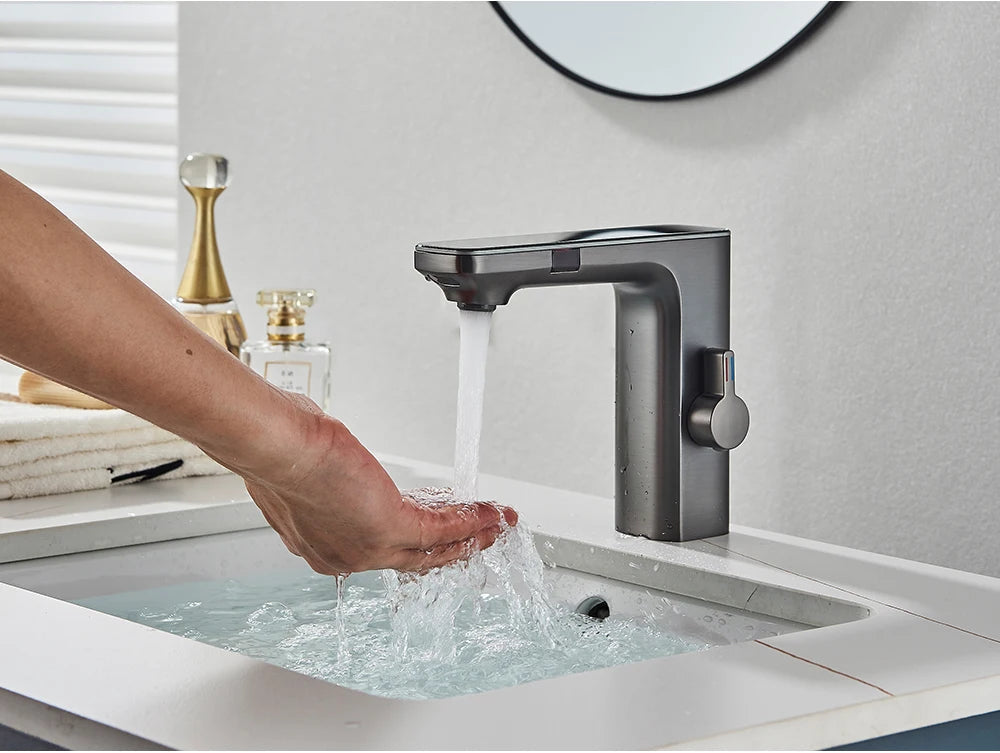 White Smart Sensor Basin Faucet Screen Digital Display Hot Cold Water Mixer Tap Touchless Vanity Sink Faucet For Bathroom 