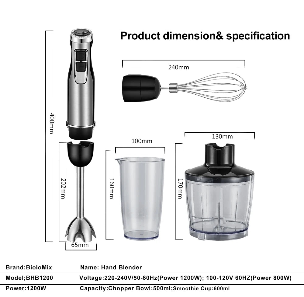 4-in-1 1200W Immersion Hand Blender with Chopper, Whisk and Cup