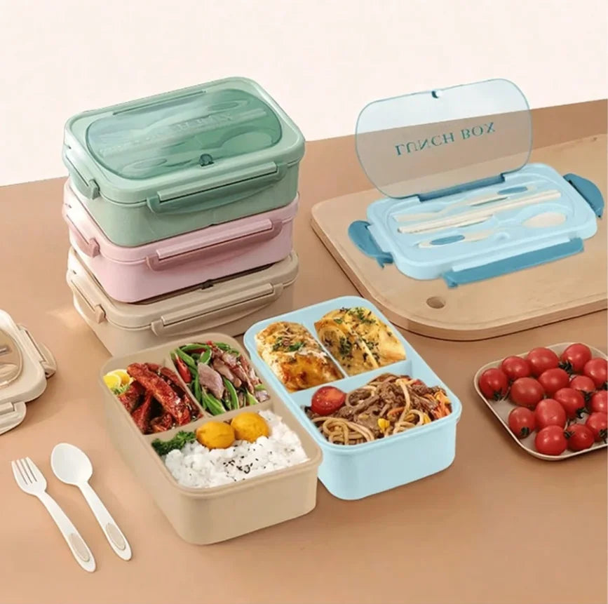 Caixa bento compartimentada para almoço com utensílios, opções de cor