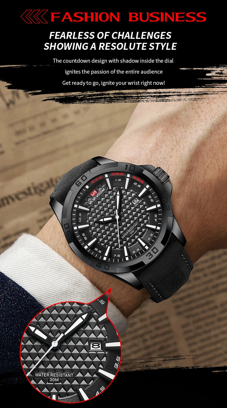 VA VA VOOM Men Casual Sport Military Quartz Calendar Wrist Watch for Man Business Leather Waterproof Male Clock Relogio Masculin 