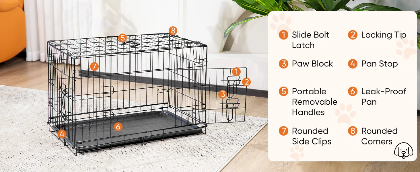 48 Inch Folding Metal Dog Crate with Double Doors & Leak-Proof Tray