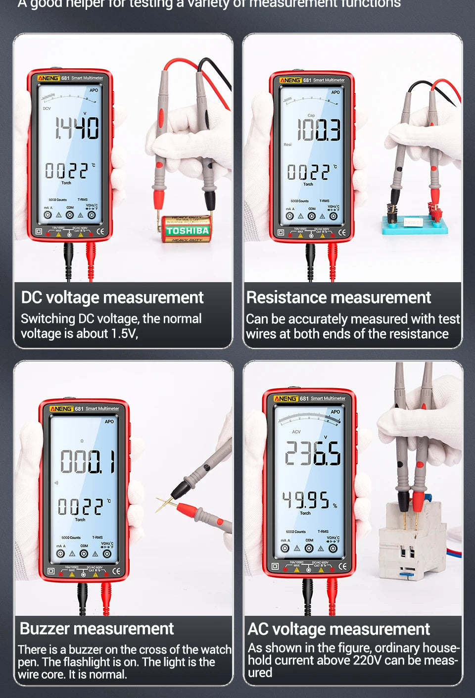 ANENG 681 Rechargable Digital Professional Multimeter Non-contact Voltage Tester AC/DC Voltage Meter LCD Screen Current Tester 