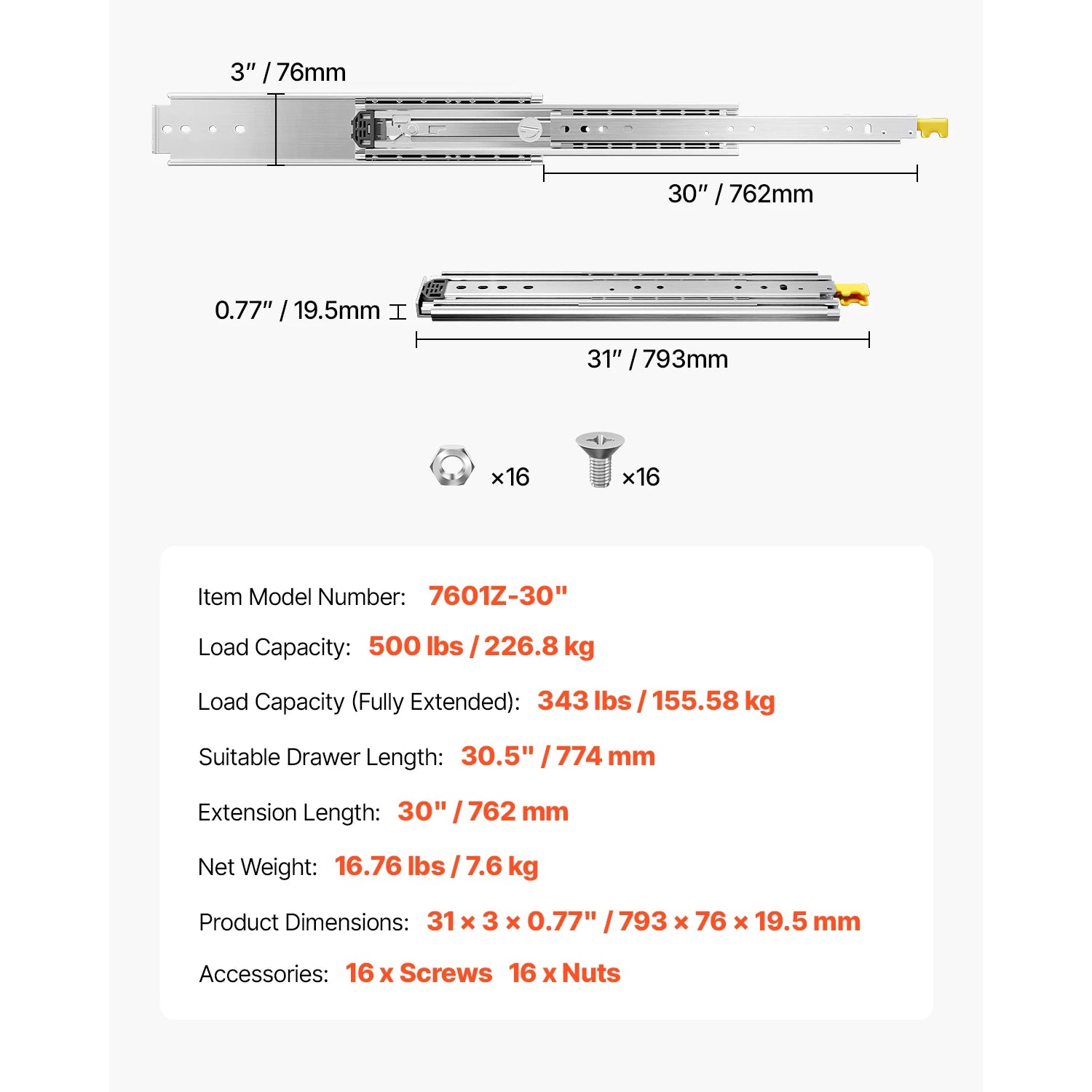 SucceBuy 1 par fullutdragande lådskivor 500 lbs belastningskapacitet låsande lådskivor kulleden med lås sidmonterad räls