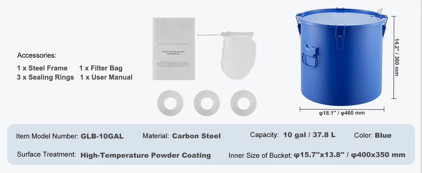 Secchio da 10 Galloni per Grasso da Frittura con Sacchetto Filtro e Coperchio con Chiusura