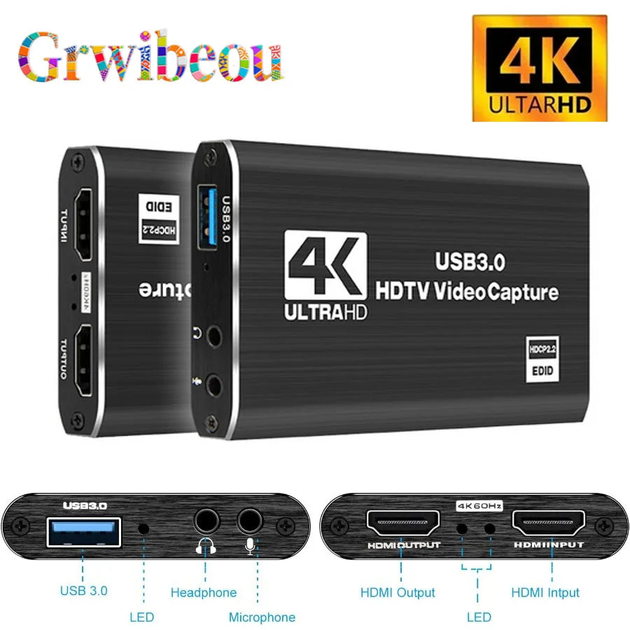 Carte de capture vidéo USB 3.0 4K Carte HDMI compatible 1080P Enregistreur vidéo HD Grabber pour PC PS4 OBS Enregistrement de jeu Micro