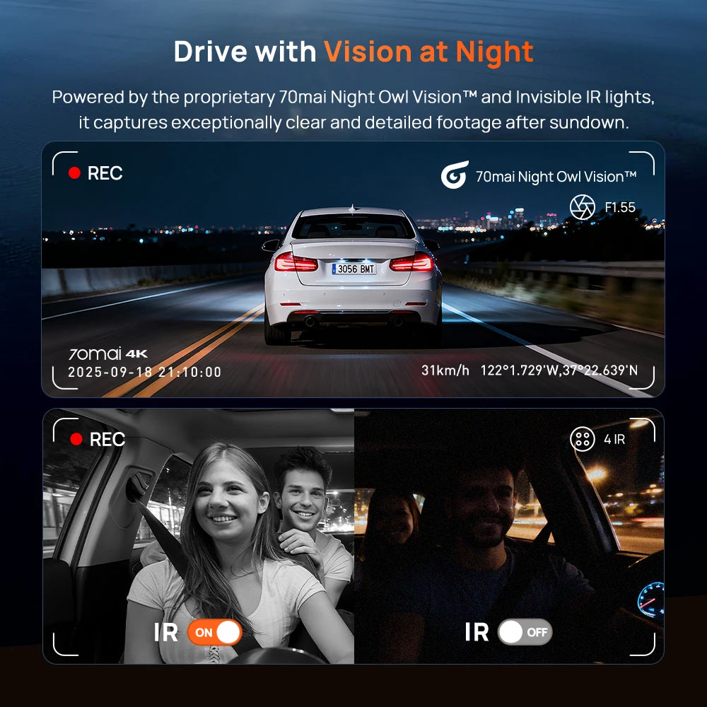 4K 3-Channel Dash Cam with Front, Rear & Interior Recording