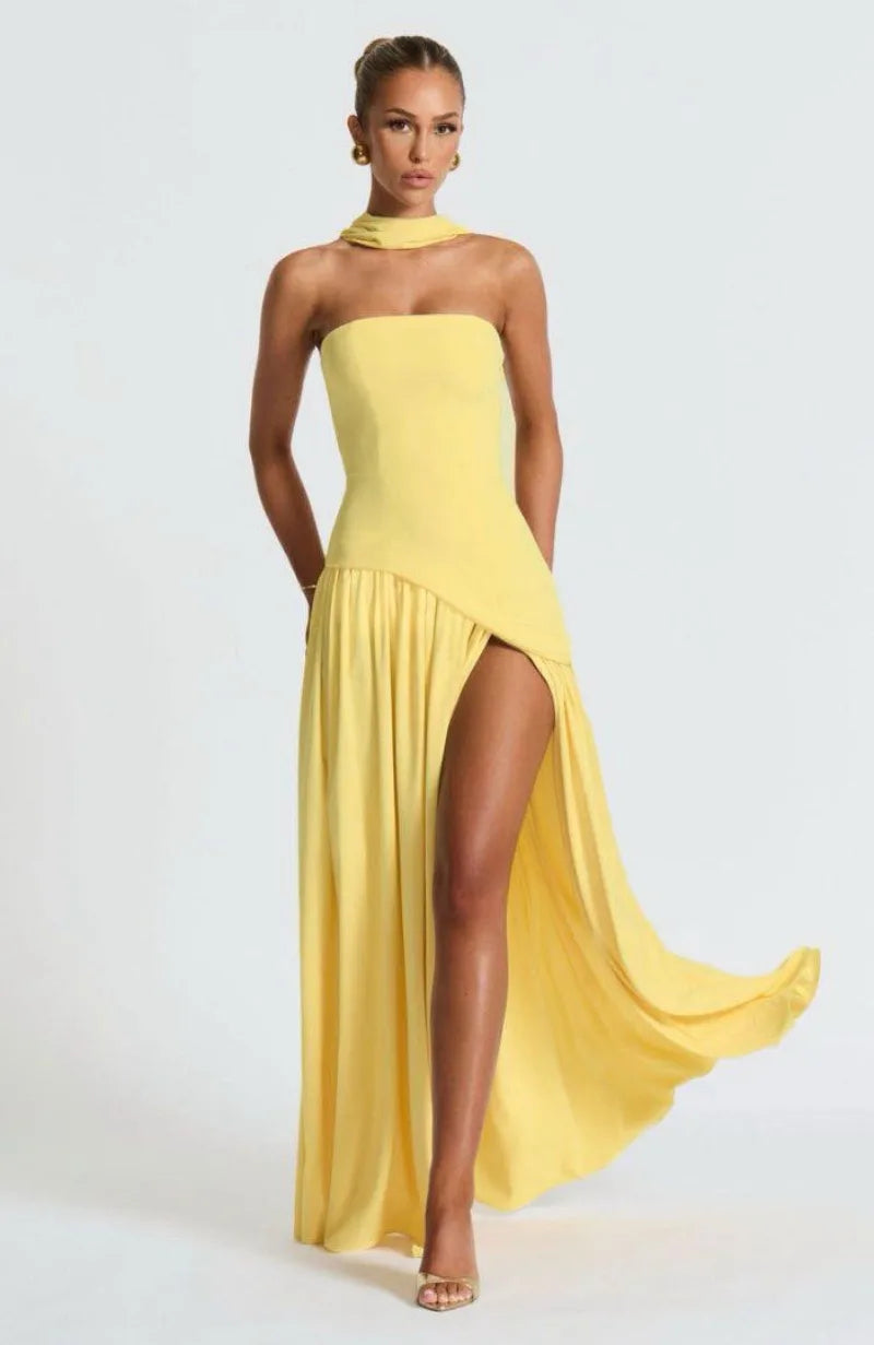 Elegant Strapless Floor-Length Women’s Slit Backless Evening Dress