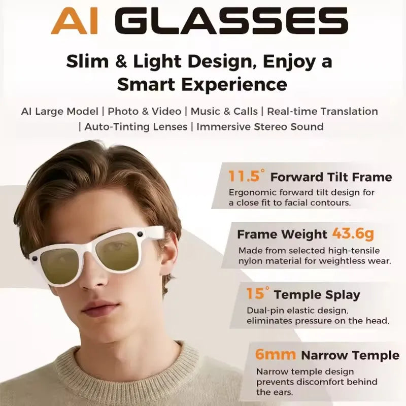 Ochelari inteligenți AI cu cameră, traducere și audio Bluetooth