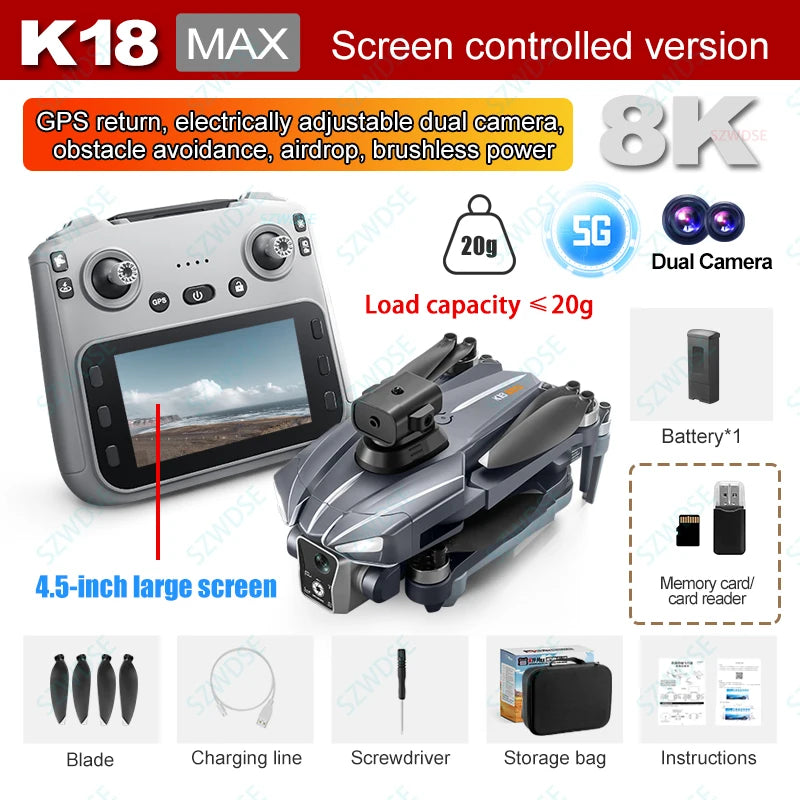 Skládací kamerový dron K18 MAX s ovladačem obrazovky