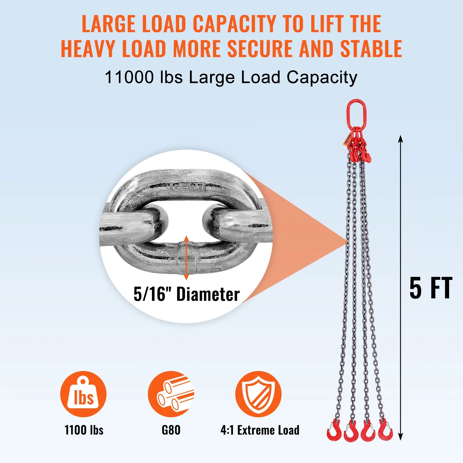 5/16" x 5 Ft G80 Chain Sling with Hooks – 11,000 lb Load