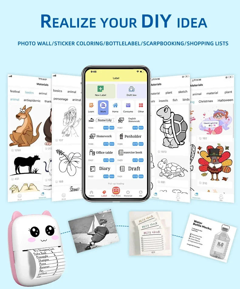 Portable thermal printer mini cat print photo pocket thermal label printer 58mm printing wireless Bluetooth Android iOS printers 