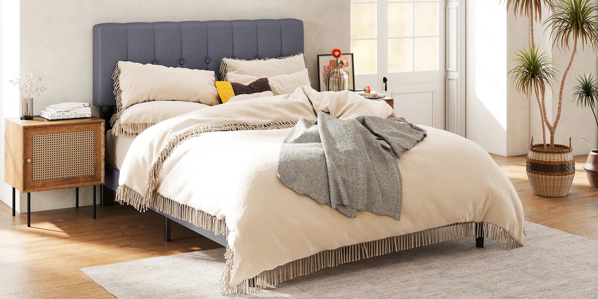 Wooden Upholstered Bed Frame with Adjustable Headboard, No Box Spring
