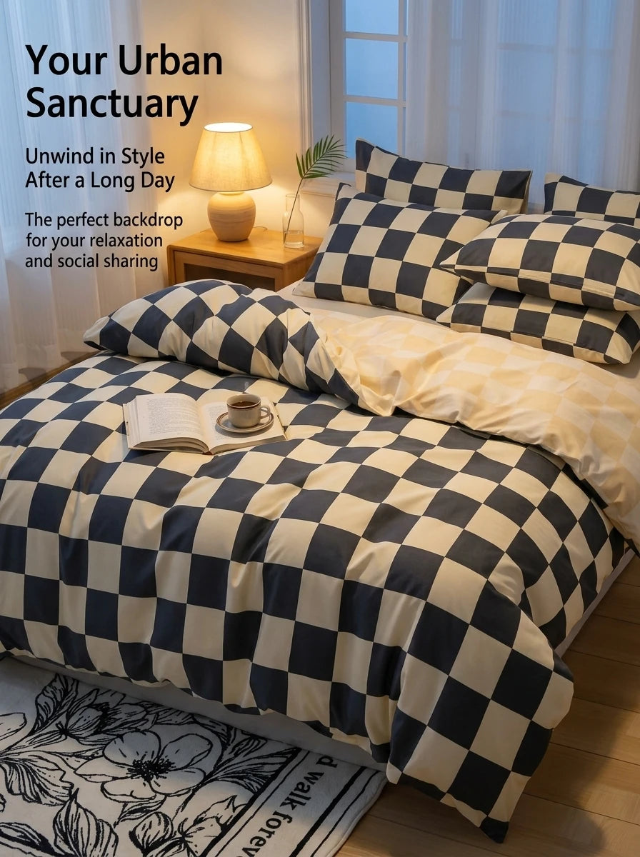 Black and Beige Checkered Duvet Cover 3-Piece Set, Modern Checkered Bedding Set, Soft Bedspread with Pillowcases, Available for Single, Double, King, and Queen Beds