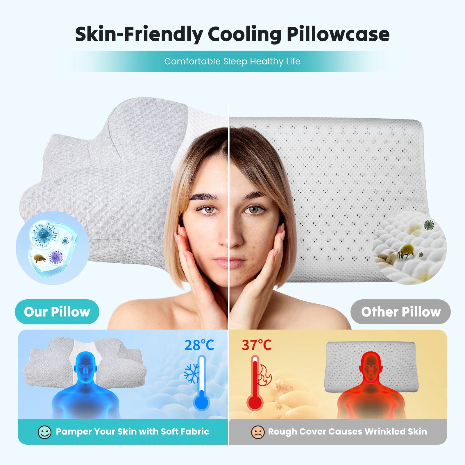 JHK Cervical Neck Pillow for Sleeping Cooling Ergonomic Memory Foam Pillow with Ice Silk Pillowcase Support Contour for Side