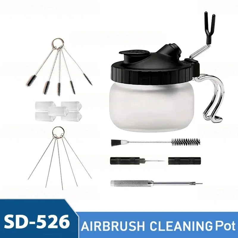 Kit de limpeza para aerógrafo, frasco de limpeza com suporte e escovas/agullhas de limpeza, escova de dupla extremidade, tampas de proteção para aerógrafo