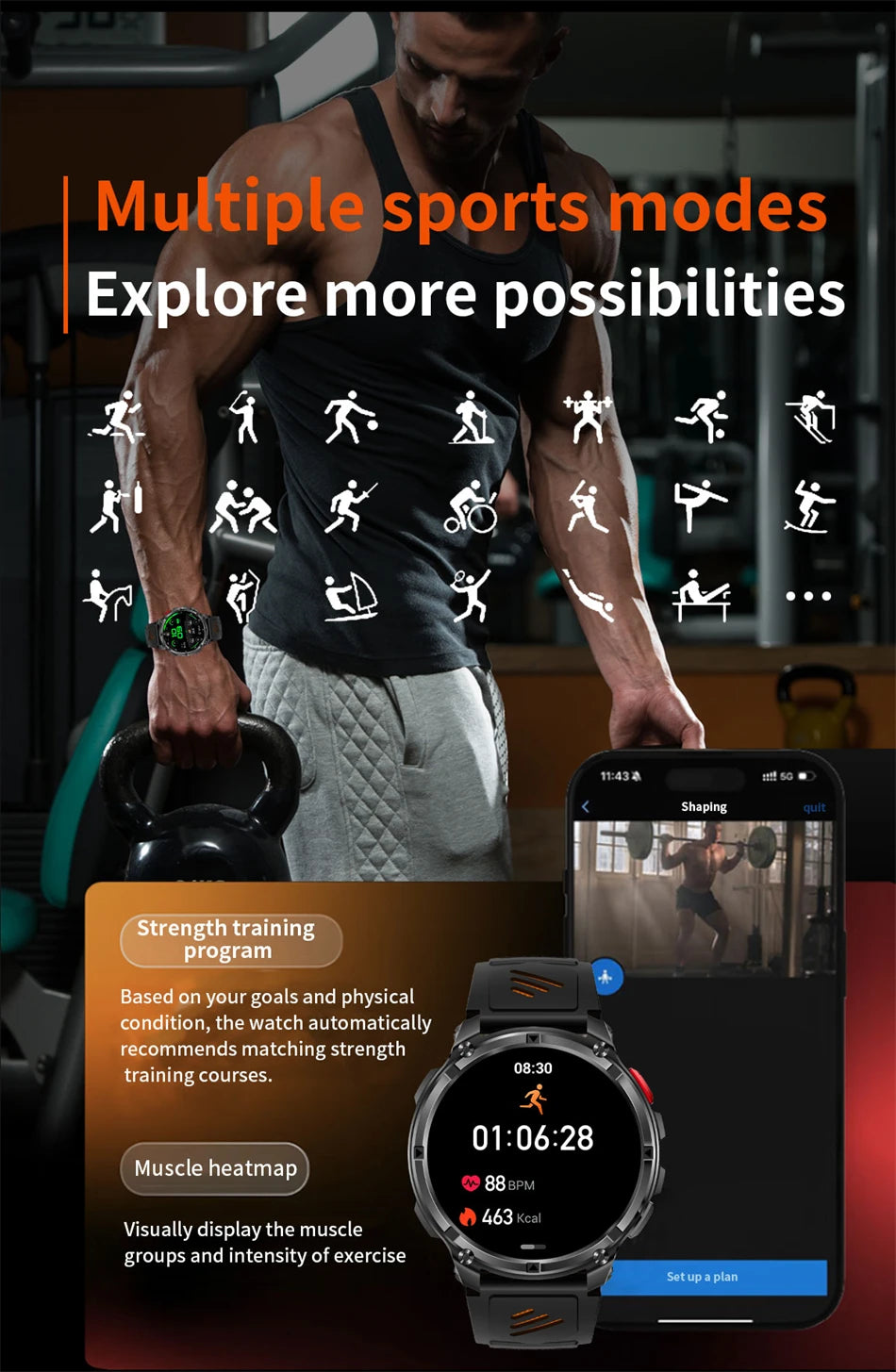 Smartwatch con chiamata Bluetooth all'aperto con bussola e GPS collegato al telefono
