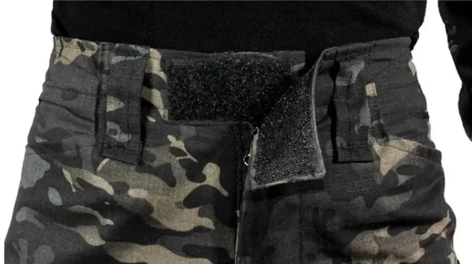 Black Camo Training Sets 1/4 Zipper Combat Tops Tactical Suits Hiking Pants Men Durable Shirts Multiple Pockets Wear-resisting