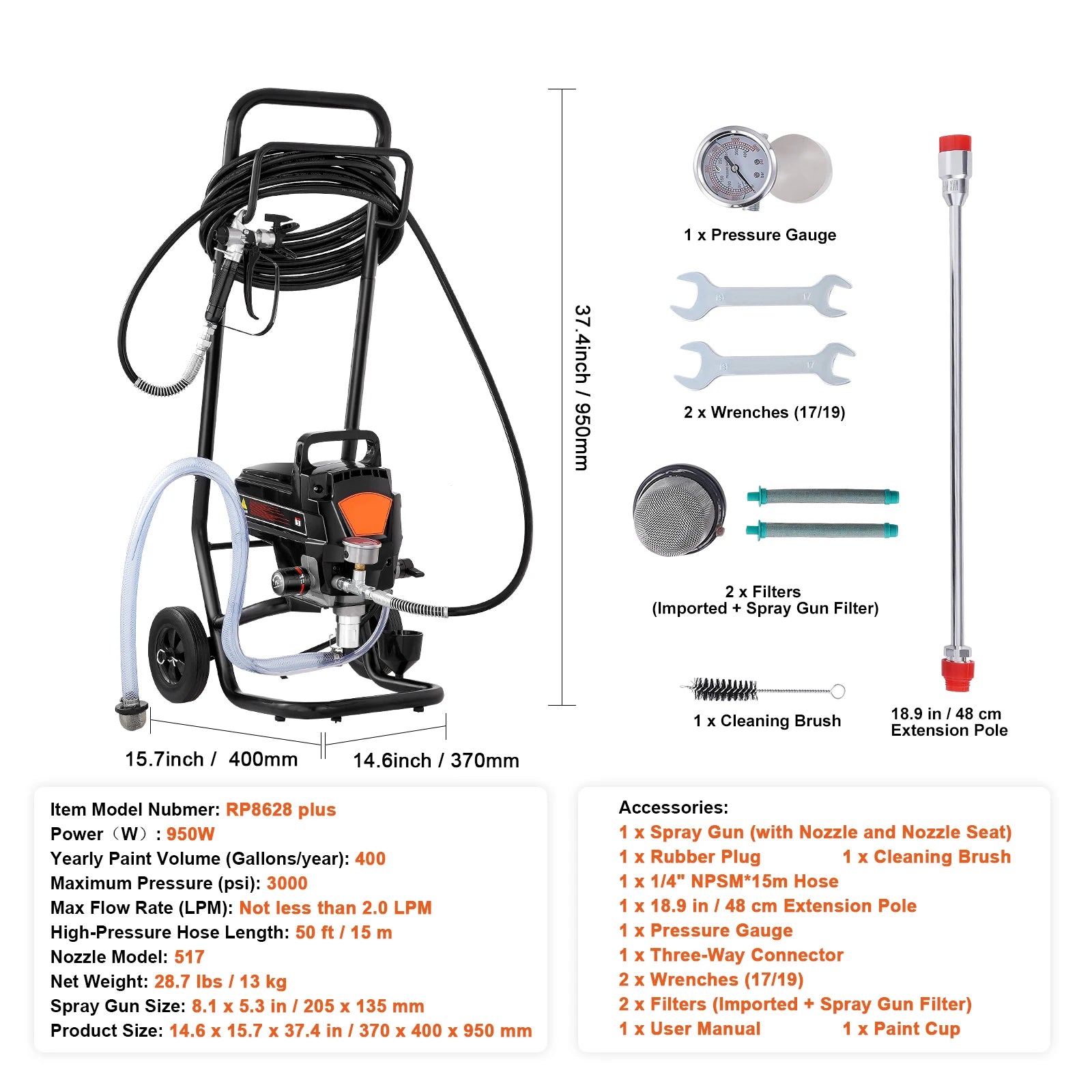 750W/950W Airless Paint Sprayer 3000 PSI High Pressure System