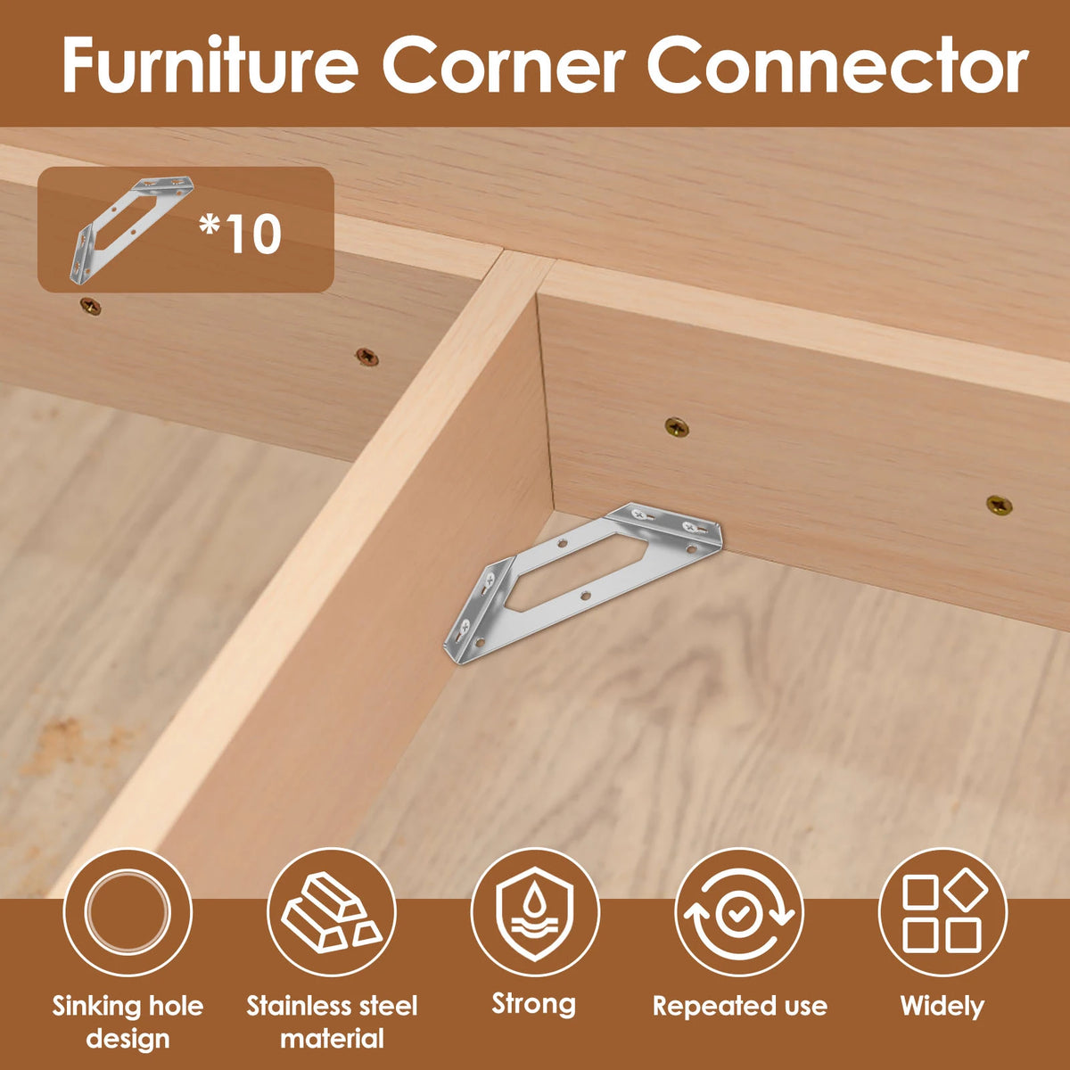 Connecteurs d’angle pour meubles en acier inoxydable, lot de 10