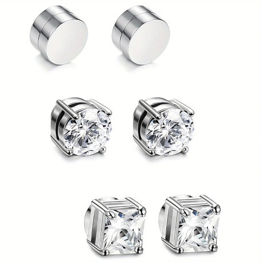 1/3Pairs 6MM Crystal Magnetic No-Pierce Stainless Steel Stud Earrings for Men Punk Zircon Magnet Earrings Non Piercing Jewelry 
