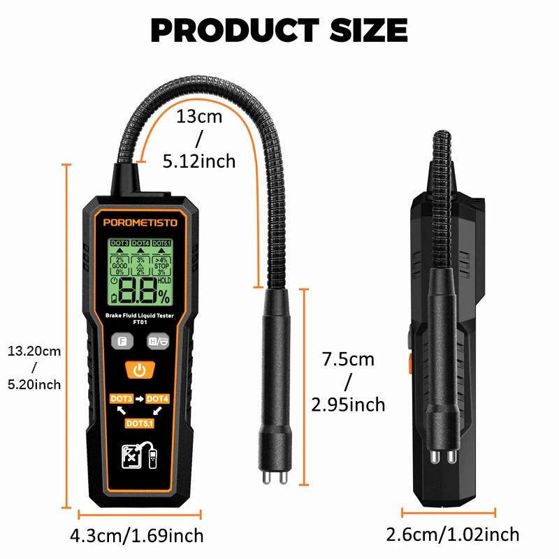 FT01 Automotive Brake Fluid Brake Oil Tester Portable Digital Brake Fluid Tester DOT3/DOT4/DOT5.1 Test With Flexible Probe