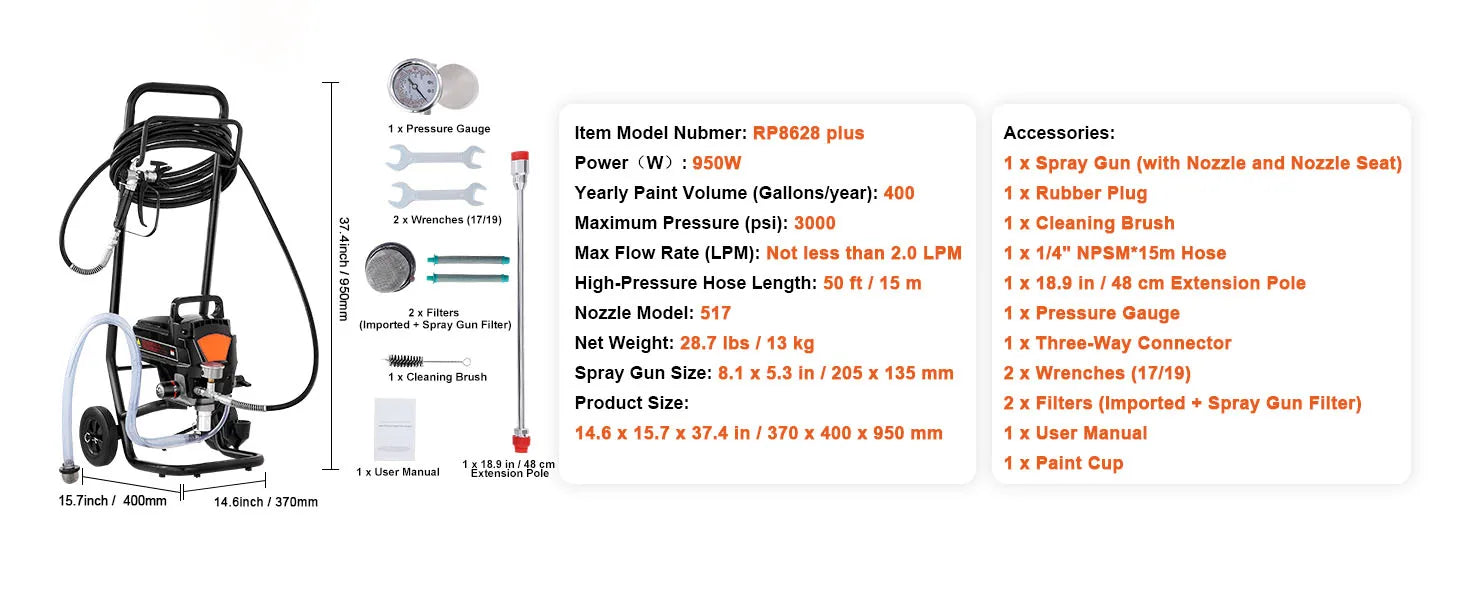750W/950W Airless Paint Sprayer 3000 PSI High Pressure System